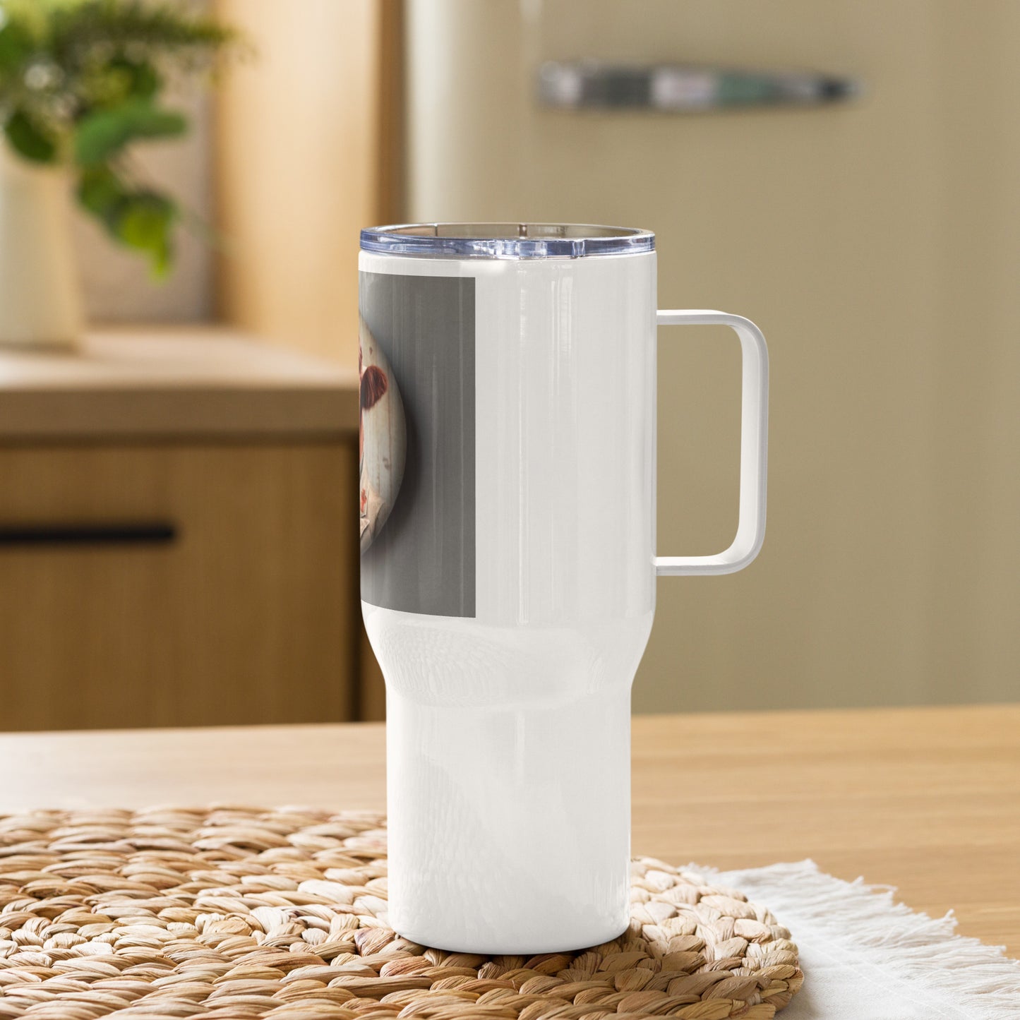 Beef Button Travel mug with a handle