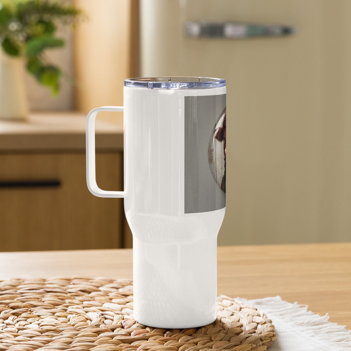 Beef Button Travel mug with a handle